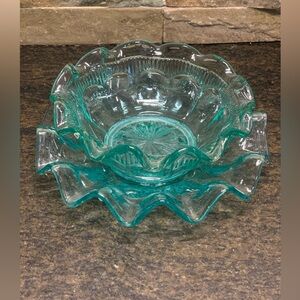 VINTAGE TURQUOISE GLASS | Ruffled Bowl and Matching Saucer
